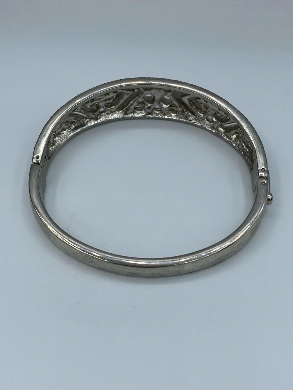 Vintage Ornate Silver Tone Filigree Bracelet With Pave Crystal Accents and Clasp